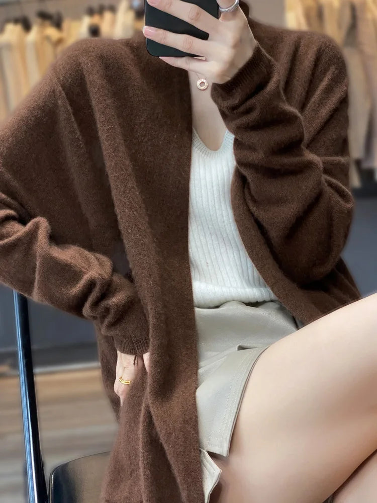 Merino Wool V-Neck Cardigan - Women's Loose Knit Sweater