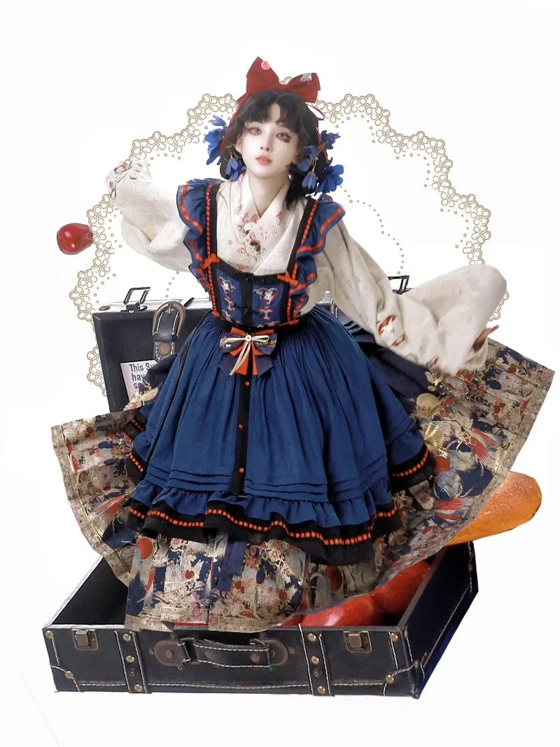 New Spring Chinese Style Female Long-sleeved Weaving Gold Hanfu Dress Set Suit Retro Top Suspender Dress and Pleated Skirt Set