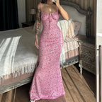 Hugcitar Women Floral Spaghetti Strap Bodycon Maxi Dress