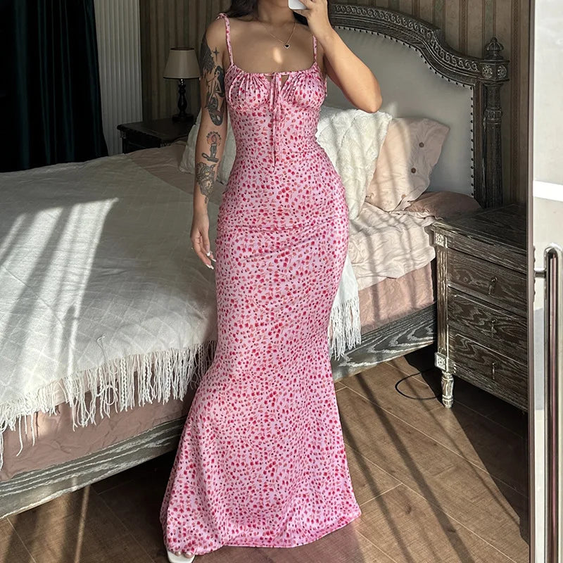 Hugcitar Women Floral Spaghetti Strap Bodycon Maxi Dress