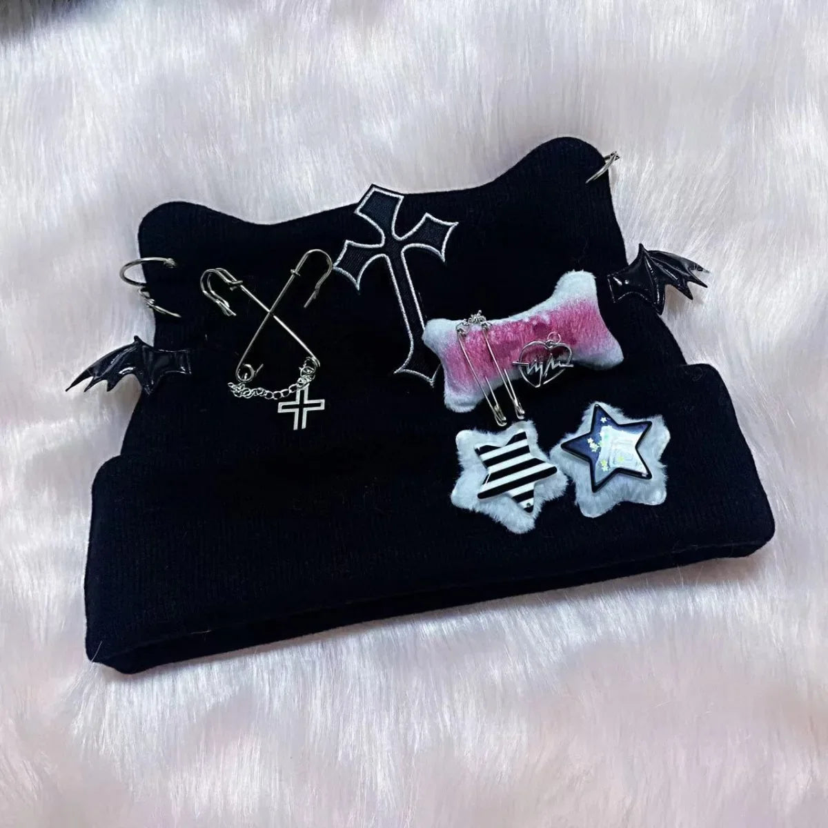 Gothic Punk Cat Ear Hat Cross Skeleton Knitted Black Y2K Girl Subculture Cute Lace Net Hat Chinese Brand None( AE Stock) SS69