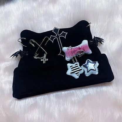 Gothic Punk Cat Ear Hat Cross Skeleton Knitted Black Y2K Girl Subculture Cute Lace Net Hat Chinese Brand None( AE Stock) SS69