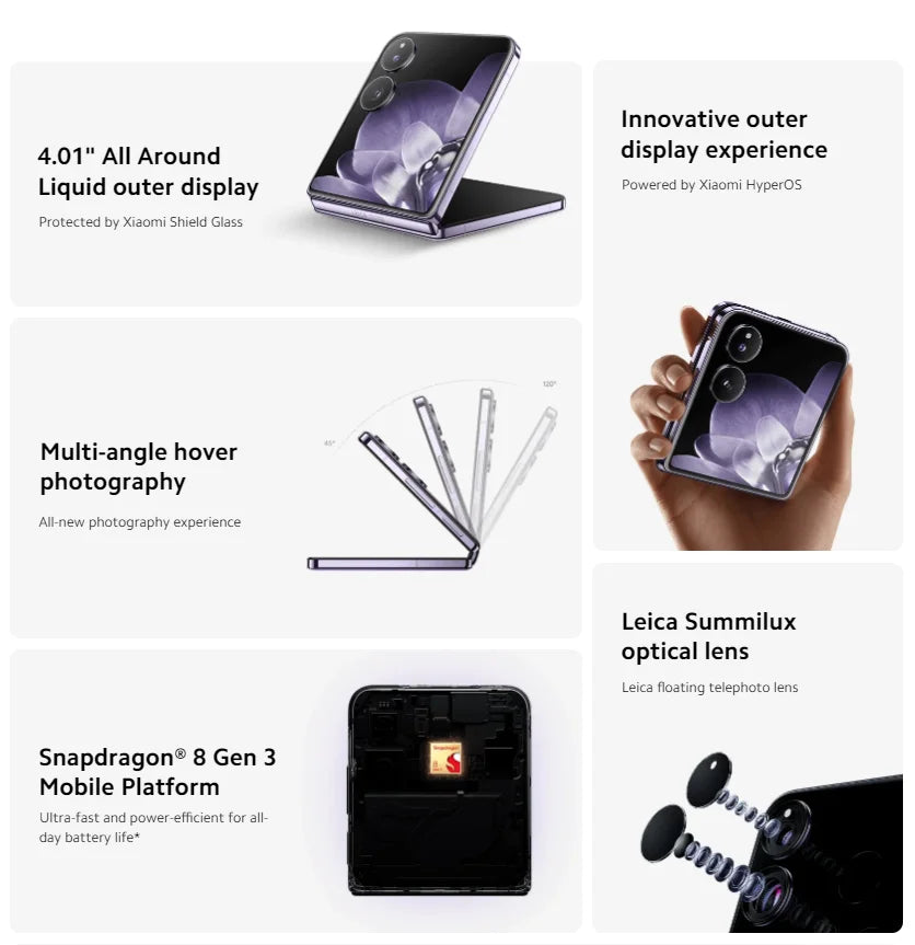 Global Version Xiaomi MIX Flip Snapdragon 8 Gen 3 Smartphone 4.01" All Around Liquid Outer Display 4780mAh Xiaomi Surge Battery SS69