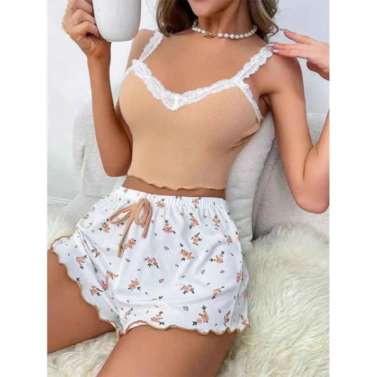 2025 women's sexy lace lace camisole vest shorts sleepwear women's slim fit two-piece home outfit new product pink coffee blue