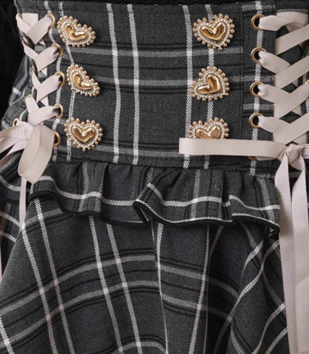 Original Japanese Mines Lolita Strap Skirts Women High Waist and Thin Frilly Pleated Skirt College Style Liz Girl Plaid Skirt