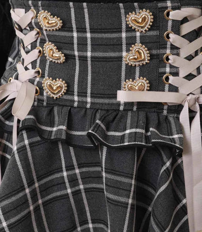 Original Japanese Mines Lolita Strap Skirts Women High Waist and Thin Frilly Pleated Skirt College Style Liz Girl Plaid Skirt