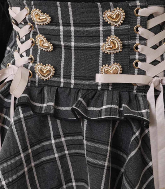 Original Japanese Mines Lolita Strap Skirts Women High Waist and Thin Frilly Pleated Skirt College Style Liz Girl Plaid Skirt
