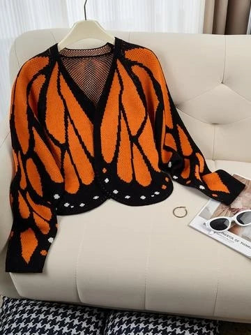 Aesthetic Butterfly Wing Sweater Women Mesh Collar Knitted Cardigan Elegant Fall Winter Long Sleeve Coat Casual Outerwear