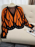 Aesthetic Butterfly Wing Sweater Women Mesh Collar Knitted Cardigan Elegant Fall Winter Long Sleeve Coat Casual Outerwear