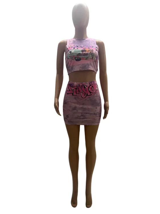 Sexy Y2K 2 Piece Skirt Sets Clothes Outfit 2023 Streetwear Fashion Dress Summer Crop Graphic T Shirts Top Women Two Piece Set SS69