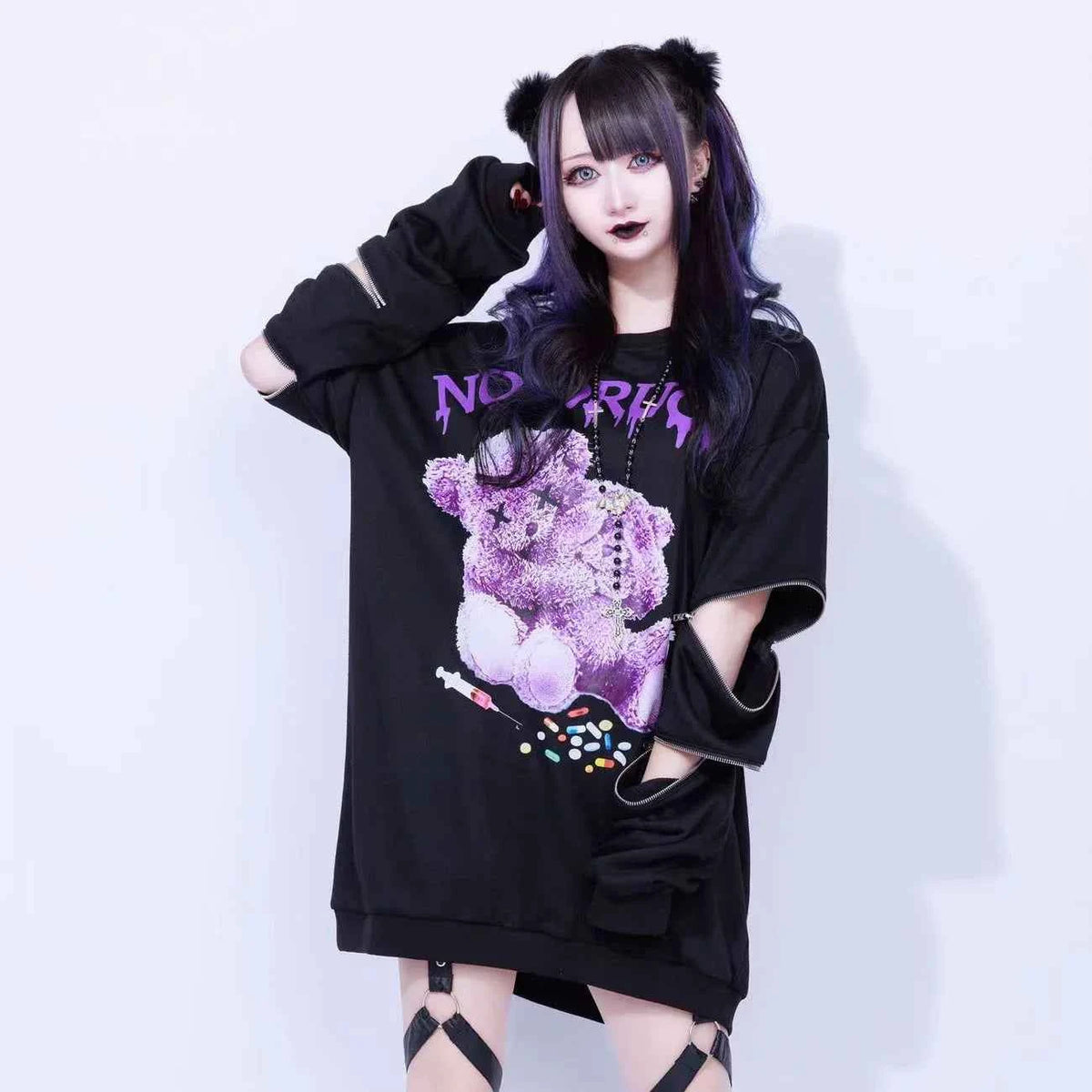 SS69 Japanese Harajuku Printed Black Sweatshirt, Loose Zipper Hoodie