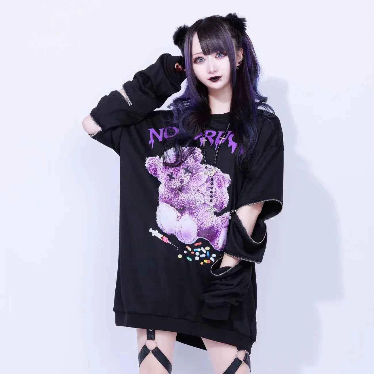 SS69 Japanese Harajuku Printed Black Sweatshirt, Loose Zipper Hoodie