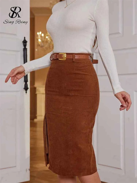 SINGREINY Women Korean Split Sexy Long Skirt 2024 Winter Corduroy Slim Thick Streetwear Fashion Vintage Autumn Bodycon Skirt