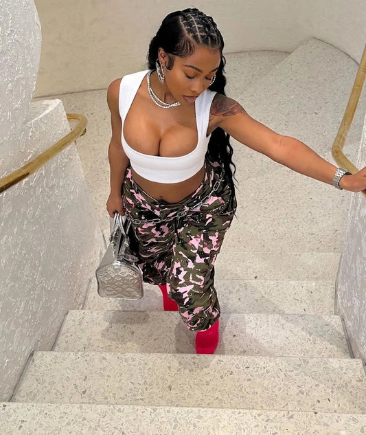 FAGADOER Pink Camouflage Print Pants Women Y2K Streetwear Button Pocket patchwork Straight Pants Hot girl Bottoms 2025 SS69