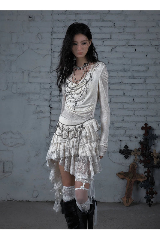NO ROMANCE Fairy Sexy Punk Printing Half Transparent Lace Patch Knitted Long Sleeve Hooded Dresses Rock Gothic Design Vestidos SS69