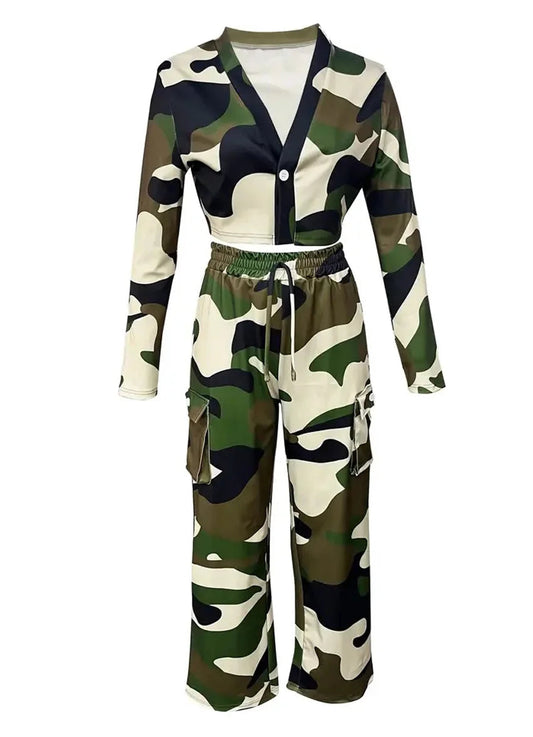 Camo Print Cargo Pants Sets Sexy Crop Tops & Elastic High Waist Wide Leg Trousers Women's Two Pieces Set Casual SweatOutfits SS69
