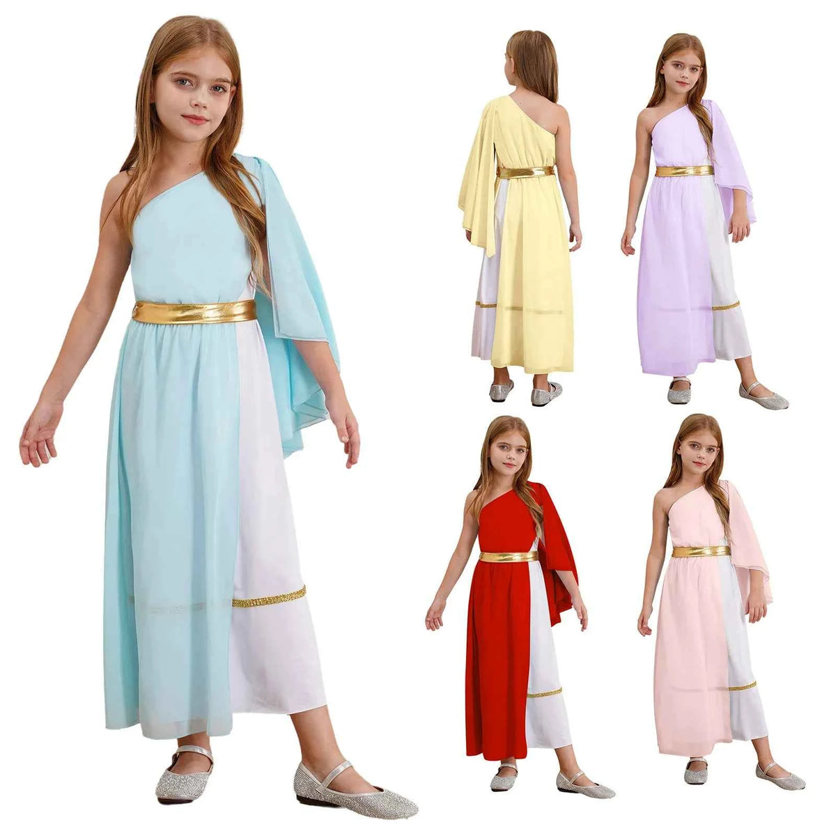 Girls Greek Nymph Toga Ruffles One Shoulder Maxi Lyrical Dance Dress Ancient Roman God Cosplay Costume for School Show