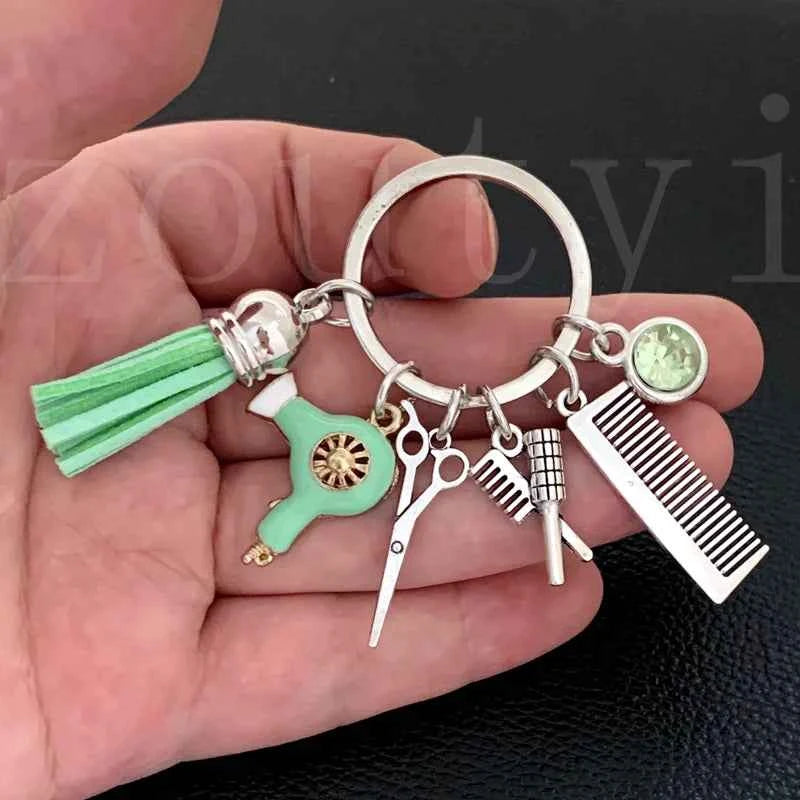 New fashion hairstyle gift charm tassel keychain retro jewelry mini hairdressing scissors hair dryer comb keychain DIY manual