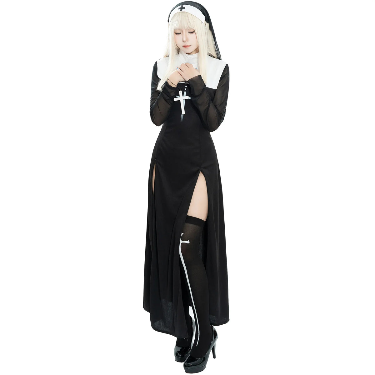 Adult Women Sexy Halloween Costume Anime Nun Cosplay Fancy Dress Gothic Robe Long Black Uniform Carnival Party Themed Events