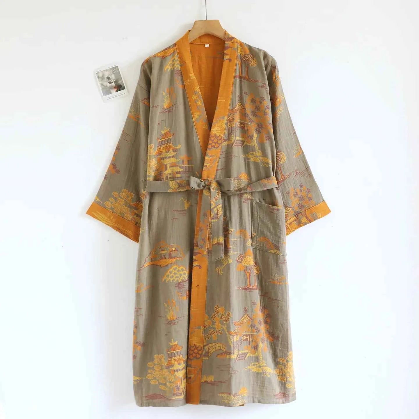 Cotton-colored Woven Jacquard Kimono Robes with Belt Loose Men's Long Sleeve Large Size Yukata Sweat-steamed Clothes