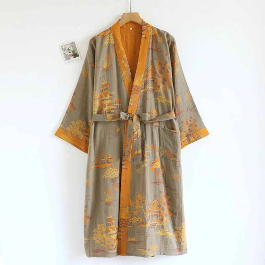 Cotton-colored Woven Jacquard Kimono Robes with Belt Loose Men's Long Sleeve Large Size Yukata Sweat-steamed Clothes