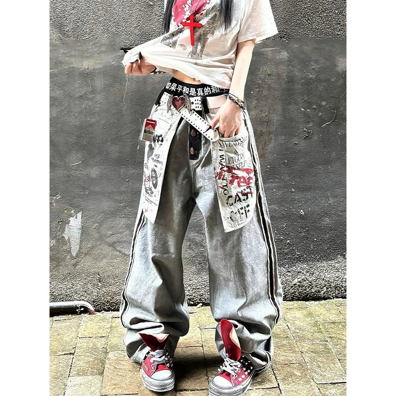 Women's Gothic Y2k Baggy Denim Jeans - Grey Distressed Wash