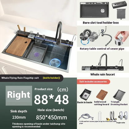 TELISIYAC Stainless Steel Waterfall Kitchen Sink, Large Single Bowl Digital