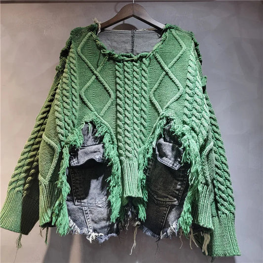 NANCYLIM Women's Vintage Denim Patchwork Knitted Pullover Sweater Loose Fit