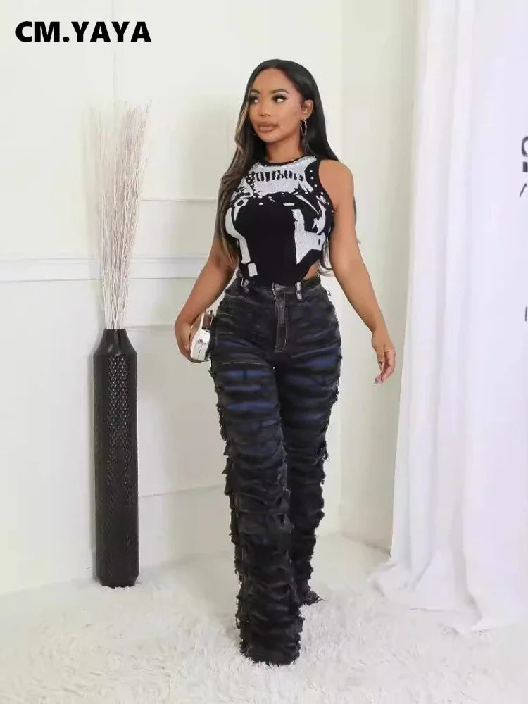 CM.YAYA Street Denim Pants Women Ripped Out Striped High Waist Zipper Jeans 2024 Fall Trousers Streetwear Straight Party Pants SS69