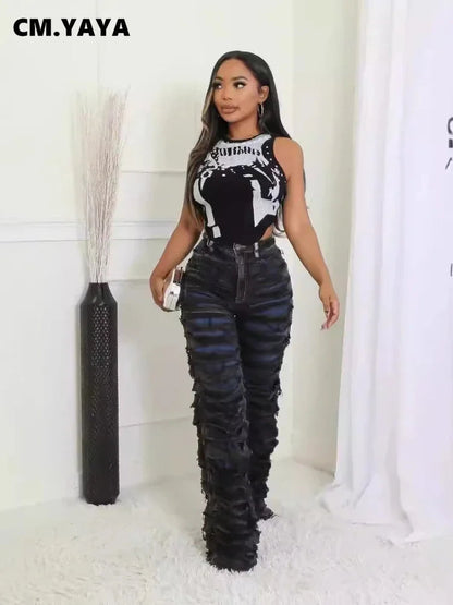 CM.YAYA Street Denim Pants Women Ripped Out Striped High Waist Zipper Jeans 2024 Fall Trousers Streetwear Straight Party Pants SS69