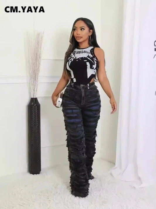 CM.YAYA Street Denim Pants Women Ripped Out Striped High Waist Zipper Jeans 2024 Fall Trousers Streetwear Straight Party Pants SS69