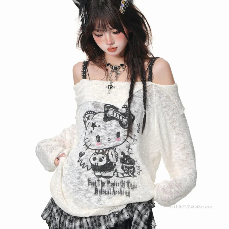 Sanrio Hello Kitty Y2k Spicy Girl Cute Graffiti T-shirt Slash Neck Micro Transparent Strap Top Women New Trend Long Sleeve Tees SS69