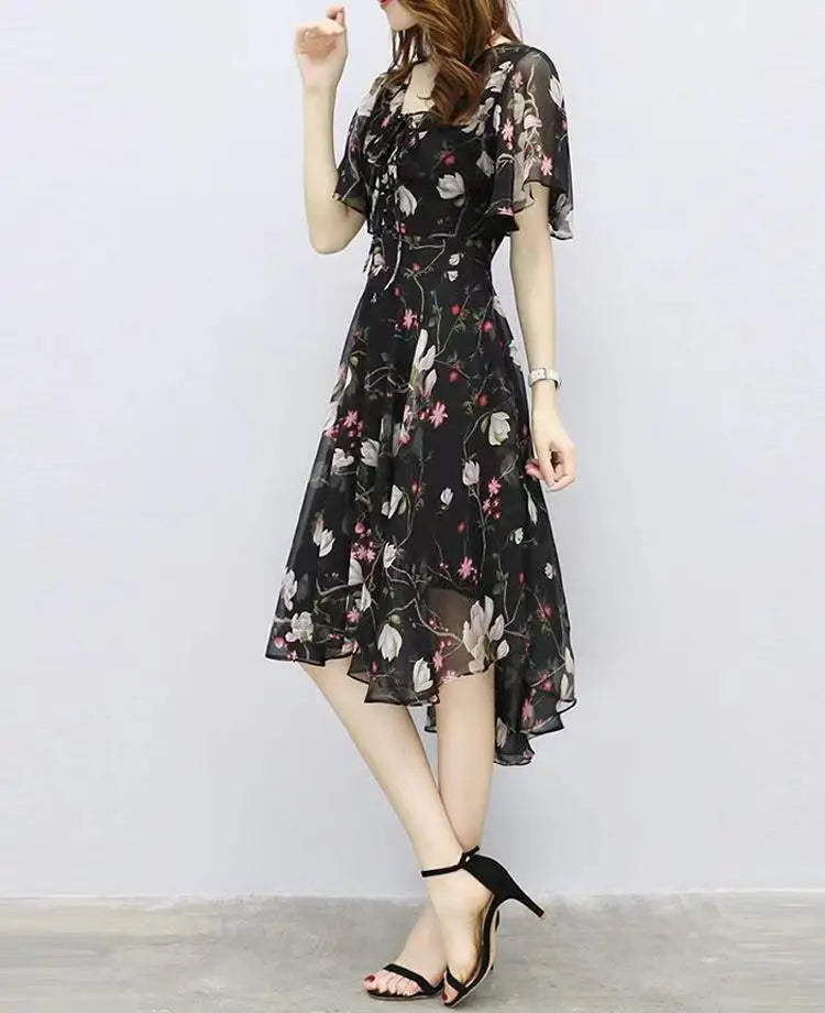 Women floral Chiffon Flower Dress 2026 trends new in Ladies Elegant V Neck short Sleeve korean style Summer Dress Female Clothes
