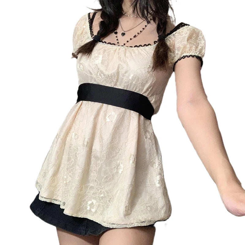 Xingqing 2024 Sweet Fairy Grunge Lace A Line Dresses Summer Women Patchwork Puff Sleeve Kawaii Dress 2000s Aesthetic Outfits SS69