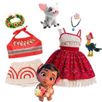Disney Moana costume set with red top, skirt, dress, flower crown, necklace, and plush characters.