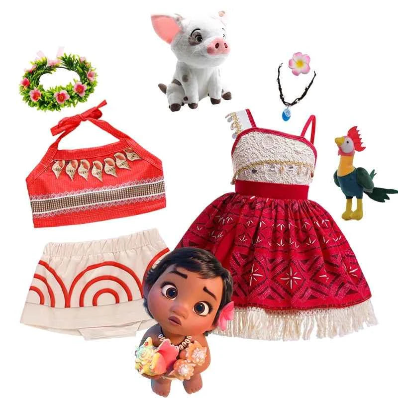 Disney Moana costume set with red top, skirt, dress, flower crown, necklace, and plush characters.