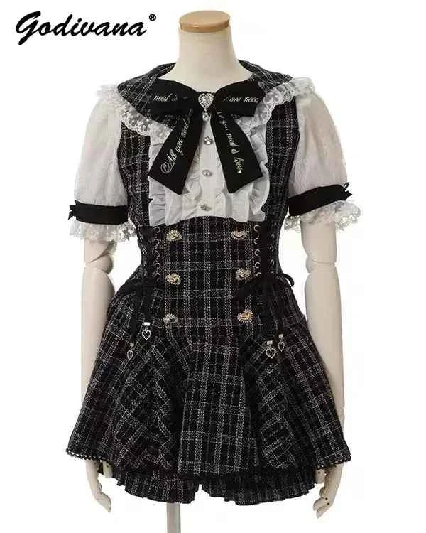 Japanese Mine Mass-Produced Short-Sleeve Shirt Dress Shorts Set Women Sweet Liz Doll Collar Bow Shirt Dress Two-Piece Suit