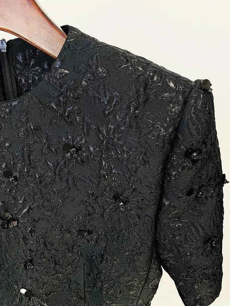 HIGH STREET Newest 2024 Designer Fashion Stylish Dress Women's Beaded Floral Jacquard Trimmed Dress