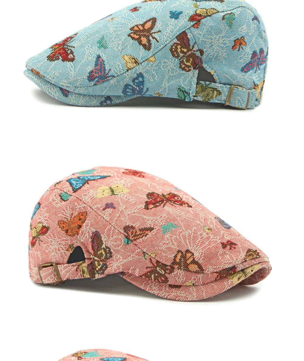 Women's Butterfly Embroidery Cotton Beret Hat - Adjustable Painter Cap