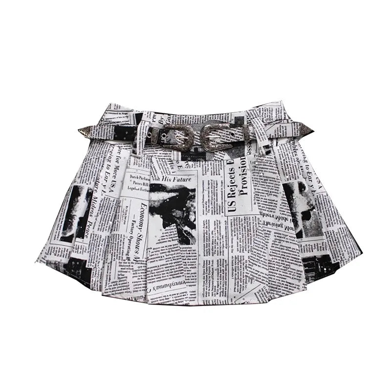 Sexy Newspaper Printed Skirt Women Summer Streetwear Belt High Waist A Line Short Pleated Skirts Girls Casual Shorts Saia Female