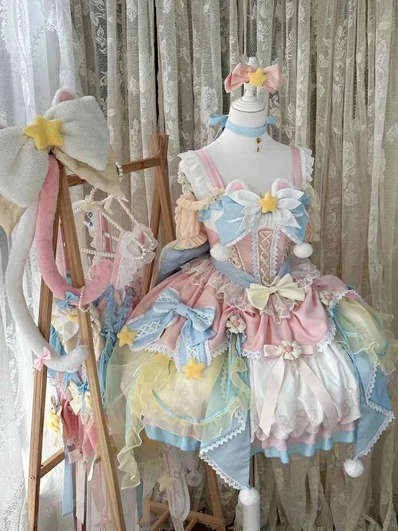 Summer Japanese Style Christmas Sweet Cute Magic Girl Lolita Pink and Blue Dress Jsk Flower Marriage Dress for Women