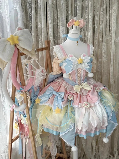 Summer Japanese Style Christmas Sweet Cute Magic Girl Lolita Pink and Blue Dress Jsk Flower Marriage Dress for Women