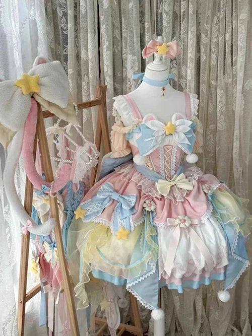 Summer Japanese Style Christmas Sweet Cute Magic Girl Lolita Pink and Blue Dress Jsk Flower Marriage Dress for Women