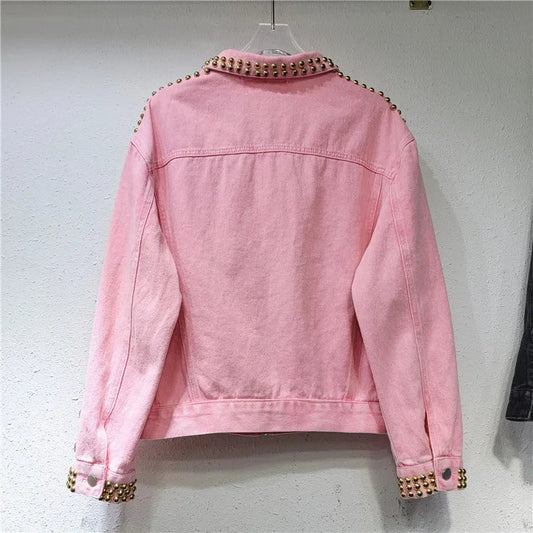 Women Rainbow Diamonds Beaded Pink Denim Coat Loose Rhinestones Jeans Jacket Long Sleeve Crystal Cowboy Cardigan Rivets Tops SS69