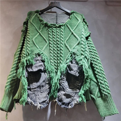 DEAT Women's Patchwork Denim Pullover Sweater, Long Sleeve Loose Knit Top