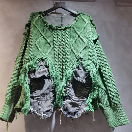 DEAT Women's Patchwork Denim Pullover Sweater, Long Sleeve Loose Knit Top