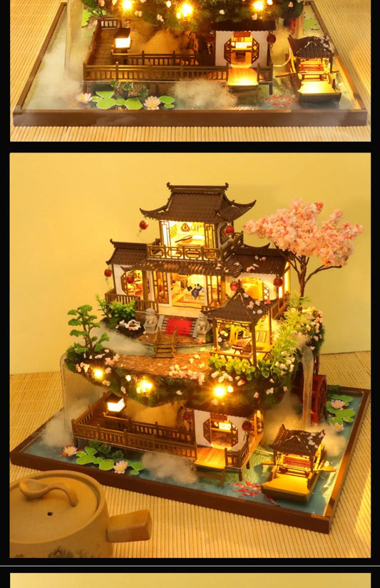 DIY Wooden Chinese Ancient Casa Miniature Building Kits Bookend With Lights Assembled Bookshelf Home Decoration Friends Gifts SS69