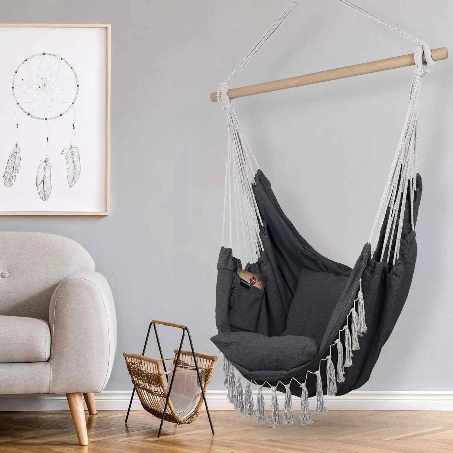 Macrame Hanging Chair with 2 Pillows | 500lb Capacity Cotton Rope Swing | Pocket Design Indoor/Outdoor Use