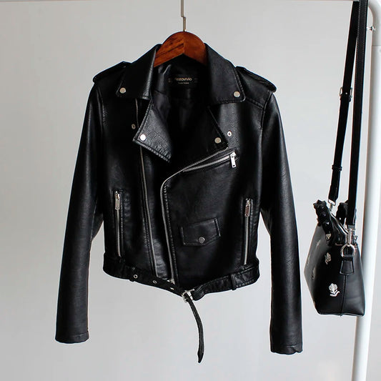 New Leather Jacket Women's Fashion Autumn PU Slim Fit Artificial Leather Motorcycle Coat Black Red Leather Jacket Women