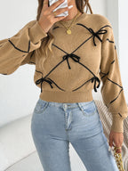 2026 Fashion Contrasting Bow Knitted Sweaters Autumn Winter Casual Round Neck Lantern Long Sleeve Tops for Woman Valentine's Day